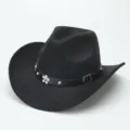 Black felt western cowboy hat with metal flower buckle, wide brim fashion couples hat detail. - M (56-58cm) / Black