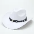 White wool cowboy hat detail, showing the black studded strap and flower charm with buckle. - M (56-58cm) / White