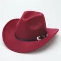 Classico cappello da cowboy western in feltro rosso con cinturino in pelle e fibbia - M（56-58cm） / Borgogna