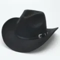 Classico cappello da cowboy western in feltro di lana nera con cintura in pelle e fibbia d'argento. - M（56-58cm） / Nero