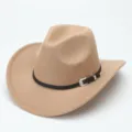 Elegante cappello da cowboy occidentale kaki con cintura nera e fibbia in argento puro. - M（56-58cm） / Cammello