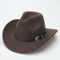 Cappello da cowboy in feltro marrone con fascia in pelle nera e fibbia in argento stile - M（56-58cm） / Caffè