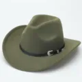 Cappello da cowboy in feltro verde oliva vista dettaglio con cintura nera e fibbia argentata. - M（56-58cm） / Verde militare