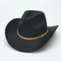 Schwarzer westlicher Woll-Cowboyhut mit braunem Ledergürtel-Detail, eleganter Filzhut. - M (56-58cm) / Schwarz