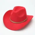 Red wool cowboy hat detail shot featuring brown belt and metal buckle for styling. - M (56-58cm) / Red