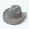 Grey wool felt cowboy hat with brown leather belt and metal buckle for men and women fashion accessories - M (56-58cm) / Gray