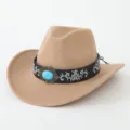 Klassischer Western Cowboy Hut für Damen Herren, Kamel Filzhut mit Türkis Band. - M (56-58cm) / Camel