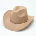 Close-up detail of beige felt cowboy hat with slim leather belt and metallic buckle. - M (56-58cm) / Camel