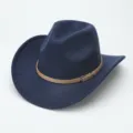 Classic navy blue woolen western cowboy hat with brown belt buckle band, stylish fedora for daily. - M (56-58cm) / Navy Blue