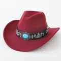 Weinroter Western-Cowboyhut mit ethnischer Stickerei, stylischer Filzhut für den Urlaub. - M (56-58cm) / Burgunderrot
