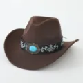 Stilvoller brauner Western-Cowboyhut mit Türkis-Schnalle und blauen Stickereien für den Urlaub. - M (56-58cm) / Kaffeebraun