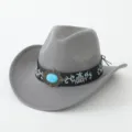 Grauer Filz Western Cowboy Hut mit schwarzem bestickten Band und Türkis Dekor für Reisen. - M (56-58cm) / Grau