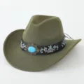 Grüner Filz-Cowboyhut mit Türkisstein und ethnischer Bestickung für westliche Mode. - M (56-58cm) / Armeegrün