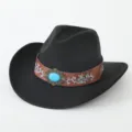 Schwarzer Western-Cowboyhut aus Filz mit braunem Lederband, Türkisstein und blauer Stickerei. - M (56-58cm) / Schwarz