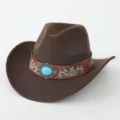 Klassischer brauner Western-Cowboyhut mit Türkis-Schnalle und blauer Blumenstickerei. - M (56-58cm) / Kaffeebraun