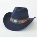 Dunkelblauer Western Cowboy Jazz Hut mit braunem Lederband, Türkisstein und Stickerei. - M (56-58cm) / Marineblau