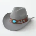 Grauer Western-Cowboyhut Detailansicht, braunes Lederband mit blauer Stickerei und Schmuckstein. - M (56-58cm) / Grau