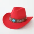 Roter Filz-Western-Cowboyhut mit braunem bestickten Lederband und Türkis-Schnalle. - M (56-58cm) / Rot