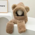 Cozy brown plush bear ear hooded scarf and gloves set, warm winter three-piece accessory. - M (56-58cm) / Khaki