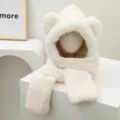 Plush bear ear hooded scarf integrated cute winter warm fuzzy white hat for women style - M (56-58cm) / Milky White