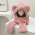 Pink cute bear ear plush hood and integrated warm winter scarf for women fashion. - M (56-58cm) / Pink