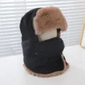 Winter warm trapper hat with earflaps and face mask, thick windproof fleece bomber ski hat for men. - M (56-58cm) / Black