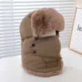 Winter warm trooper hat with plush earflaps and windproof face mask in khaki brown color. - M (56-58cm) / Khaki