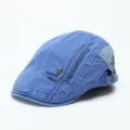 Herren Jeans Flachkappe Retro Baret stilvolle Malerhut mit Totenkopf und englischem Text neu - M (56-58cm) / Blau