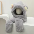Grauer Plüsch Kapuzen Schal 3in1 Winter warm süße Cartoon Katze Ohren Mütze und Handschuhe - M (56-58cm) / Grau