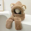Gemütliches flauschiges Bärenohr Kapuzenschal und Handschuhe Set für Damen und Kinder - M (56-58cm) / Khaki