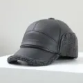 Casquette de baseball en cuir chaud d'hiver avec oreillettes, doublure pelucheuse. - Doublure en imitation peau d'agneau / Noir
