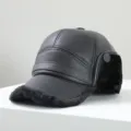 Casquette de baseball en cuir chaud d'hiver avec oreillettes, bonnet coupe-vent épais homme. - Doublé de Fausse Fourrure Noire / Noir