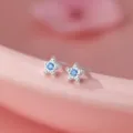 S999 Sterling Silber Stern Ohrstecker mit blauem Zirkon Süsse filigrane Ohrringe Damen - Fünfzackiger Stern Aquablauer Zirkonia-Stil