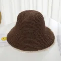 Brown crochet straw hat for women, summer beach sun protection lace bucket hat stylish design - M (56-58cm) / Coffee