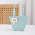 Mint green straw shoulder bag with cute fabric flower, ideal for beach summer holiday and daily wear. - 17x14x6.5 / Fruit Green