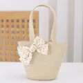 Bolso tote de paja de verano para niños con bonito lazo de lunares, bolso ligero. - Beige