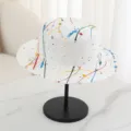 Colorful paint splatter flat top straw hat summer beach sun protection hat for travel - M (56-58cm) / White