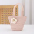 Charming pink straw woven handbag detail featuring a cute fabric flower for beach vacation. - 17x14x6.5 / Lotus Pink