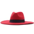 Roter Woll-Fedora-Hut Detail, 10cm breite Krempe, stilvoller Retro-Filzhut im Herbst. - Erwachsene 10cm (56-58cm) / Rot