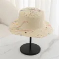 Summer flat top straw hat with colorful graffiti splash print, ideal for sun protection beach. - M (56-58cm) / Beige