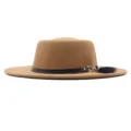 Schicker Kamelwoll Fedora Hut für Damen mit breiter Krempe und schwarzem PU Ledergürtel - M / 56-58cm / Camel