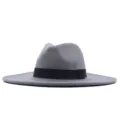 Grauer Woll-Fedora-Hut Detail, 10cm flache Krempe, schwarzes Band, Herbst Winter Accessoires - Erwachsene 10cm (56-58cm) / Hellgrau