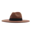 Damen Herren Fedora Hut Vintage Breite Krempe Wollfilz Hut Herbst Winter Jazz Kappe - Erwachsene 10cm (56-58cm) / Braun
