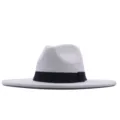 Klassischer weißer Wollfilz Fedora Hut mit schwarzem Band, Vintage flache Krempe Detailansicht - Erwachsene 10cm (56-58cm) / Weiß