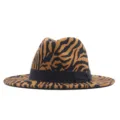 Detailed view of fashion zebra pattern fedora hat with black bow, stylish wool felt cap. - Adult (56-58CM) / Yellow Tiger Print