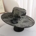 Camo sun protection fishing hat with built-in solar fan, wide brim and breathable mesh. - 1 Fan / 300MA / Army Green Square