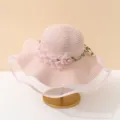 Damen Strohhut mit breiter Krempe, rosafarbenen Blumen und Netz für Strandurlaub Sommer - Einheitsgröße / Rosa