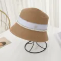 Elegant women's straw bucket hat with pearl trim, rhinestone M logo and ribbon for summer. - M (56-58cm) / Khaki