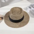Stylish straw sun hat for women, flat top wide brim design with black ribbon for summer beach. - M (56-58cm) / Black Strap