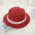 Red straw hat for women summer flat top beach hat with white lace trim and metal M charm - M (56-58cm) / Red